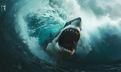 Action sports photo of a very big Great White Shark