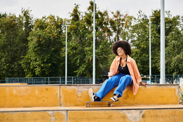 A young African American woman with curly hair confidently sits on a ledge with her skateboard in a vibrant skate park. - obrazy, fototapety, plakaty