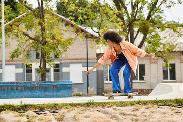 A young African American woman with curly hair skateboarding on a sidewalk in a vibrant urban setting.