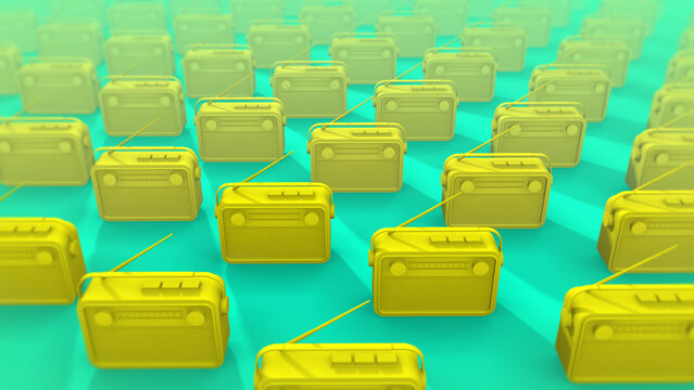 A background of an endless array of yellow retro radios.