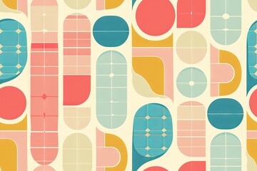 Seamless pattern of colorful geometric shapes in pastel colors, squares, triangles.