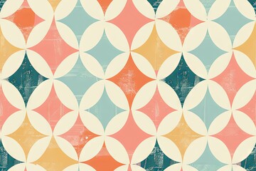 Seamless pattern background, featuring iconic 1960s elements, geometric shapes and pastel colors. Vintage color palette, pastel hues