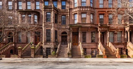 Panoramic view of Brownstones in Harlem. Rows of Townhouses. (Mount Morris Park Historic District). Manhattan, New York City - 782039184