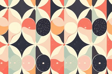 Seamless pattern of colorful circles and geometric shapes arranged in grid. Iconic 1960s elements, aesthetics