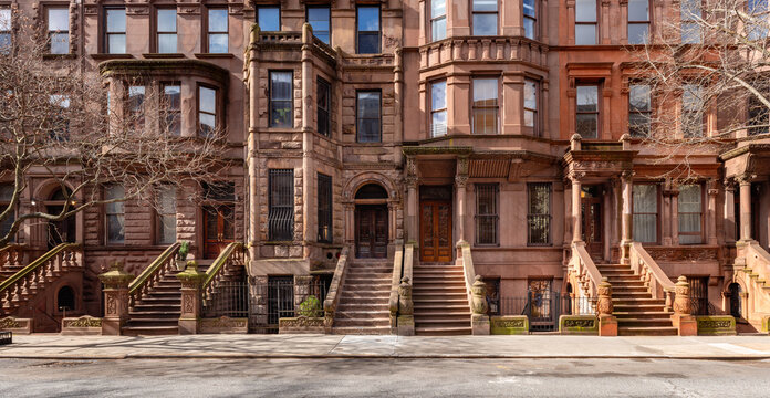Panoramic view of Brownstones in Harlem. Rows of Townhouses. (Mount Morris Park Historic District). Manhattan, New York City