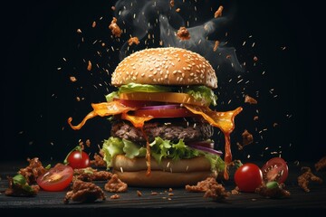 a hamburger with tomatoes , lettuce , onions and sauce on a black background - 782039303
