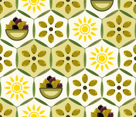 Fototapeta premium Seamless geometric pattern with green unripe olives in hexagonal grid. Retro simple flat style. Good for branding, decoration of food package, decorative print