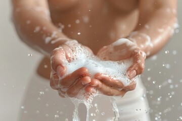 Fototapeta premium Washing Hands with Soap Closeup. Woman Wash her Palms, Soapy Arms, Washing Hands