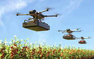 Drone is transporting tomatoes in a tomato garden, Agricultural robots work in smart farms, Smart agriculture farming concept. 3D illustration