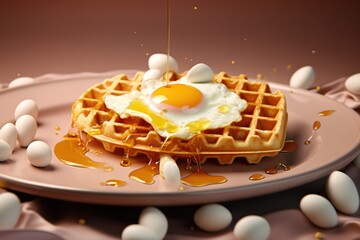 A comforting dish of waffles stacked with eggs and syrup on a plate - 782040304