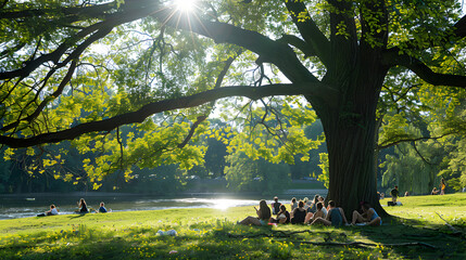 People enjoying a picnic under the shade of a tree.


