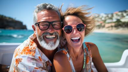 A cheerful older man and woman laughing together on a sunny boat trip. Joyful Senior Couple Enjoying a Yacht Ride by the Sea