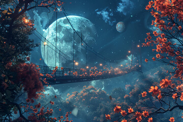 Generate an AI-rendered depiction of a majestic suspended bridge stretching from the moon to Earth,...