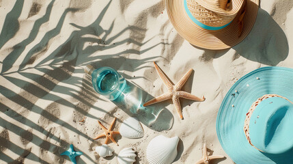 Flat lay image of  beach themed items, fedora, starfish, sand, and water.