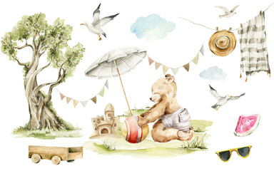 Watercolor nursery summer village set . Hand painted cute animal of bear character, baby toys, clouds, sunny grass, tree, sunglass, garland. Trip card, illustration for baby shower design, kids print