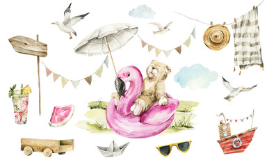Watercolor nursery summer village set . Hand painted cute animal of bear character, baby toys, clouds, sunny grass, tree, sunglass, garland. Trip card, illustration for baby shower design, kids print