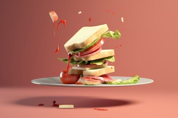 A stack of sandwiches with fresh tomatoes arranged on a plate - 782040924