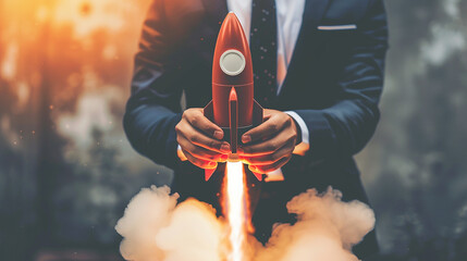 Business man launching rocket. Background photo for Conducting product launches or release and innovation. Generative AI. - obrazy, fototapety, plakaty
