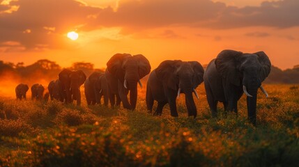 A herd of elephants walking in a line at sunset, AI - obrazy, fototapety, plakaty
