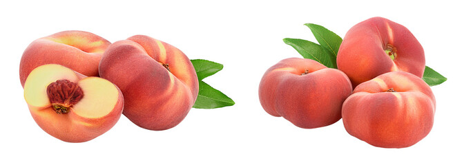 Ripe chinese flat peach fruit with leaf isolated on white background with  full depth of field