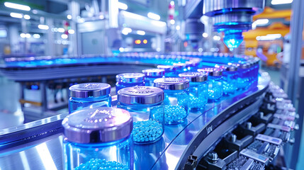 Automated tablet packaging process in a pharmaceutical factory with a futuristic robotic arm and vibrant blue lighting - obrazy, fototapety, plakaty