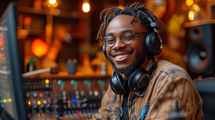 Young man working as a dj or a influencer doing a podcast of music or radio - obrazy, fototapety, plakaty