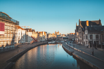 Ghent waterfront called the Graslei and the charming historic houses at sunrise. The centre of the...