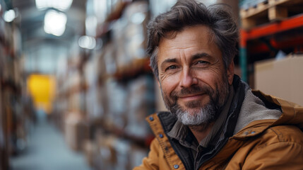 Mature man smiling at the camera while packing cardboard boxes in a distribution warehouse. Happy logistics worker preparing goods for shipment in a large fulfillment centre. - Powered by Adobe