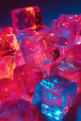 A close-up photo of a pile of translucent ice cubes illuminated with pink and blue light.