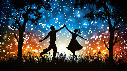 A couple dancing in the woods at night. The man is holding the woman's hand. The sky is blue and the trees are silhouetted against the sky