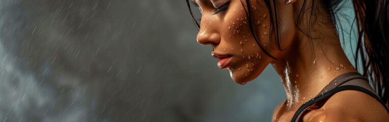 Muscular female body Healthy woman sweating after exercising in sports clothing relaxing after workout on grey background.