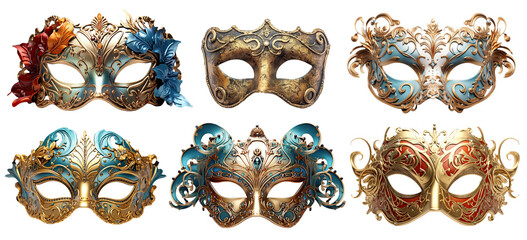 Set of venetian opera carnival masquerade masks, cut out - obrazy, fototapety, plakaty