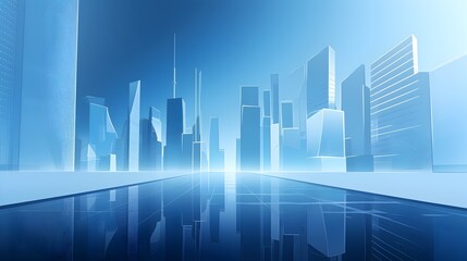 Fototapeta premium Futuristic Financial District with Striking Architectural Perspective and Reflections in a Sleek,Corporate Blue Backdrop