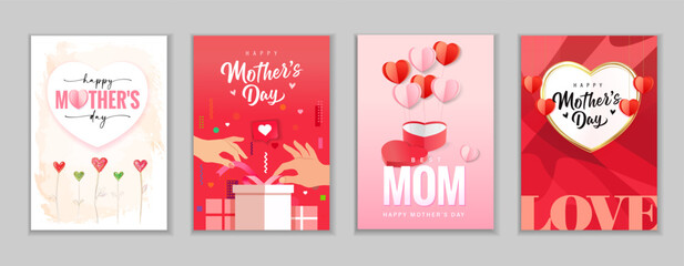 Creative Happy Mothers Day greeting cards set. I love you MOM, banners or posters template design. Vector illustration