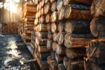 Lumber Sunlight Symphony: Timber Harmony at Dawn. Concept Nature Photography, Sunrise Serenity, Woodland Beauty