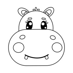 Coloring, drawing kawaii lovely, smiling, cute outline hippopotamus, hippo face or head for kids, children isolated on white background	