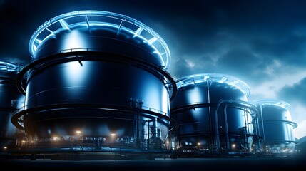 Futuristic Illuminated Oil and Gas Power Plant Refinery with Storage Tanks Facility for Petrochemical Production and Price Chart Concepts