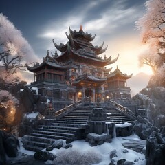 illustration of Majestic Ancient Chinese Fantasy Temple Winter, Generative ai