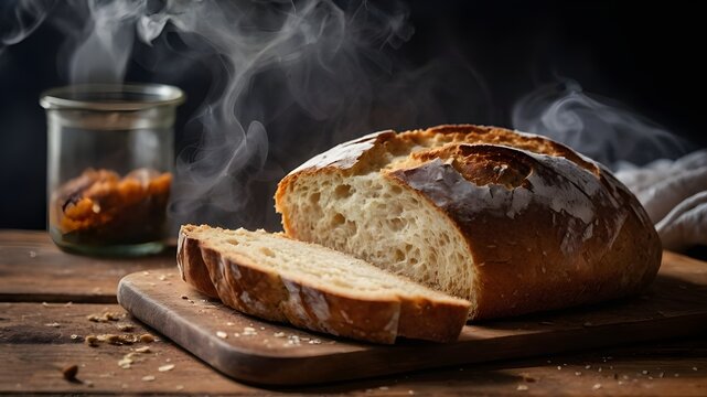 A slice of freshly baked artisanal bread, with steam rising from the soft interior and crusty exterior.