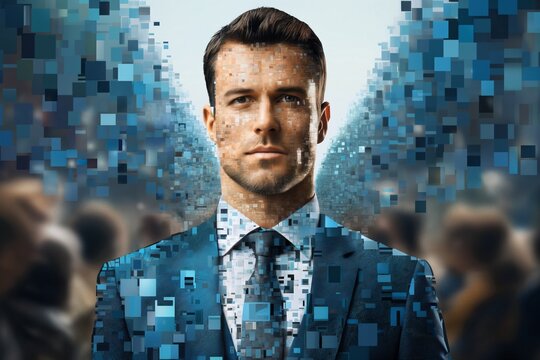 portrait of a businessman with a digital holographic structure and augmented reality particles around him, computer technologies of the future, the concept of cybernetics