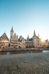 Ghent waterfront called the Graslei and the charming historic houses at sunrise. The centre of the Belgian city. Flanders