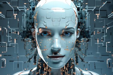 face of female android bio robot, close portrait, concept of cybernetics and biomechanics and robotics of future - obrazy, fototapety, plakaty