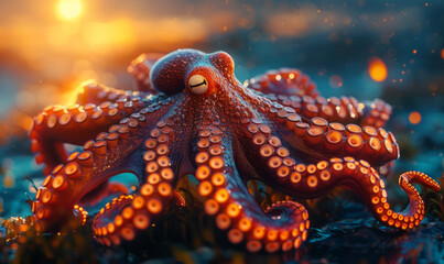 Ultra realistic cinematic beautiful photo of a octopus, swimming in the open ocean. - obrazy, fototapety, plakaty
