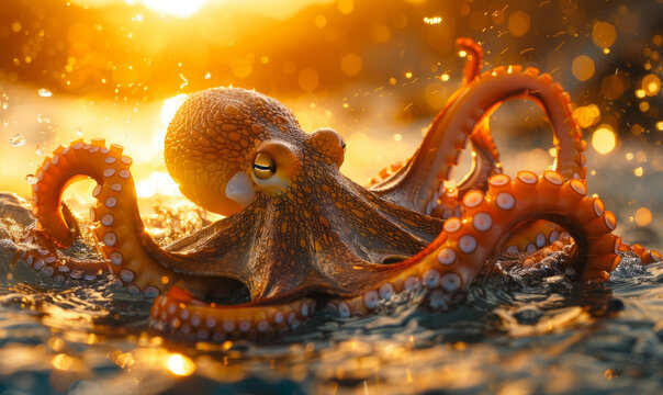 Ultra realistic cinematic beautiful photo of a octopus, swimming in the open ocean.