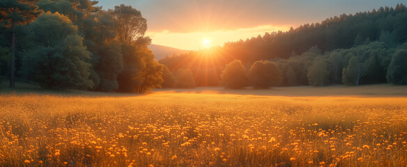Sun kissed wildflower field at sunset with forest backdrop - obrazy, fototapety, plakaty