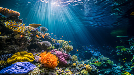 Sun rays illuminating diverse coral reef and tropical fish