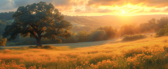 Golden sunlight bathing a meadow with majestic oak tree - obrazy, fototapety, plakaty