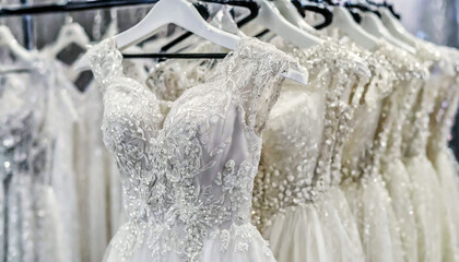 Close-up of beautiful luxury and elegant wedding dresses on hangers. White wedding dresses hanging on hangers in a boutique salon of the bridal shop. Generative Ai.
