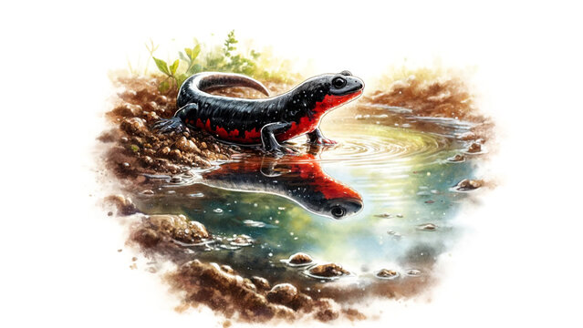 アカハライモリのイラスト（Japanese newt,Japanese fire-bellied newt,Cynops pyrrhogaster illustration）