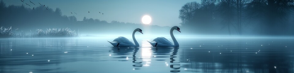 Two swans in love on the water.